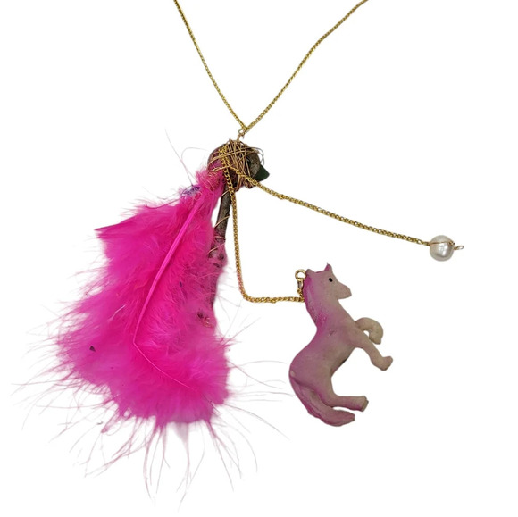 18K Freshwater Pearl Pink Rose Porcelain Cabochons Unicorn Skeleton Key Necklace - Picture 3 of 5